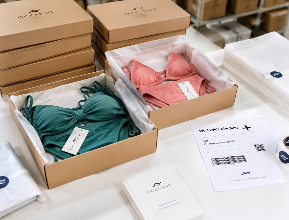 Private label swimwear orders packaged for worldwide shipping